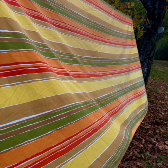 Vintage Cannon Cutter Queen Flat Sheet Striped Orange Yellow Avocado Green MCM - Picture 4 of 11